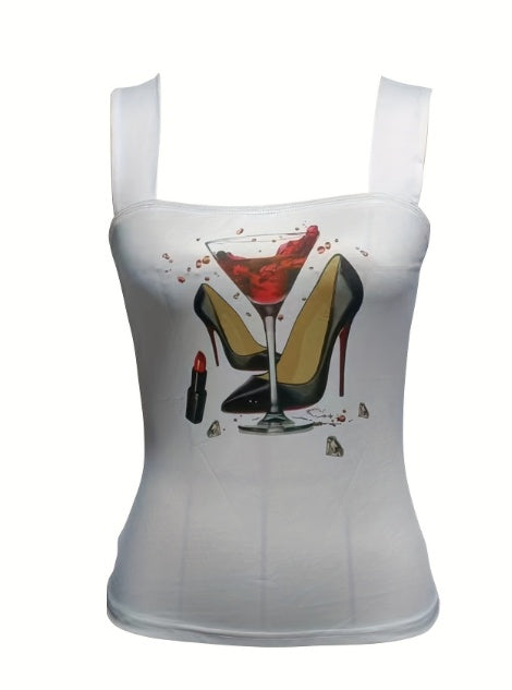 Ladies' Fashionable And Versatile Wide Shoulder Strap High Heels, Red Wine Lipstick Printed Pattern Camisole Vest