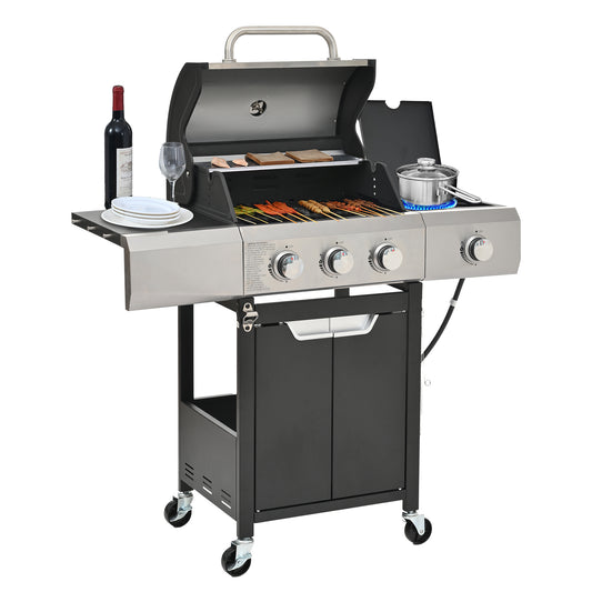 Stainless steel 5-burner gas grill with side stove and lid, ideal for outdoor barbecue and camping. Features spacious cooking area and storage shelves.