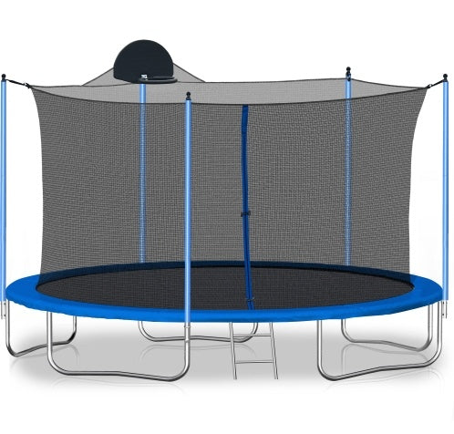 12FT Trampoline For Adults Kids With Basketball Hoop, Outdoor Trampolines W Ladder And Safety Enclosure Net For Kids And Adults