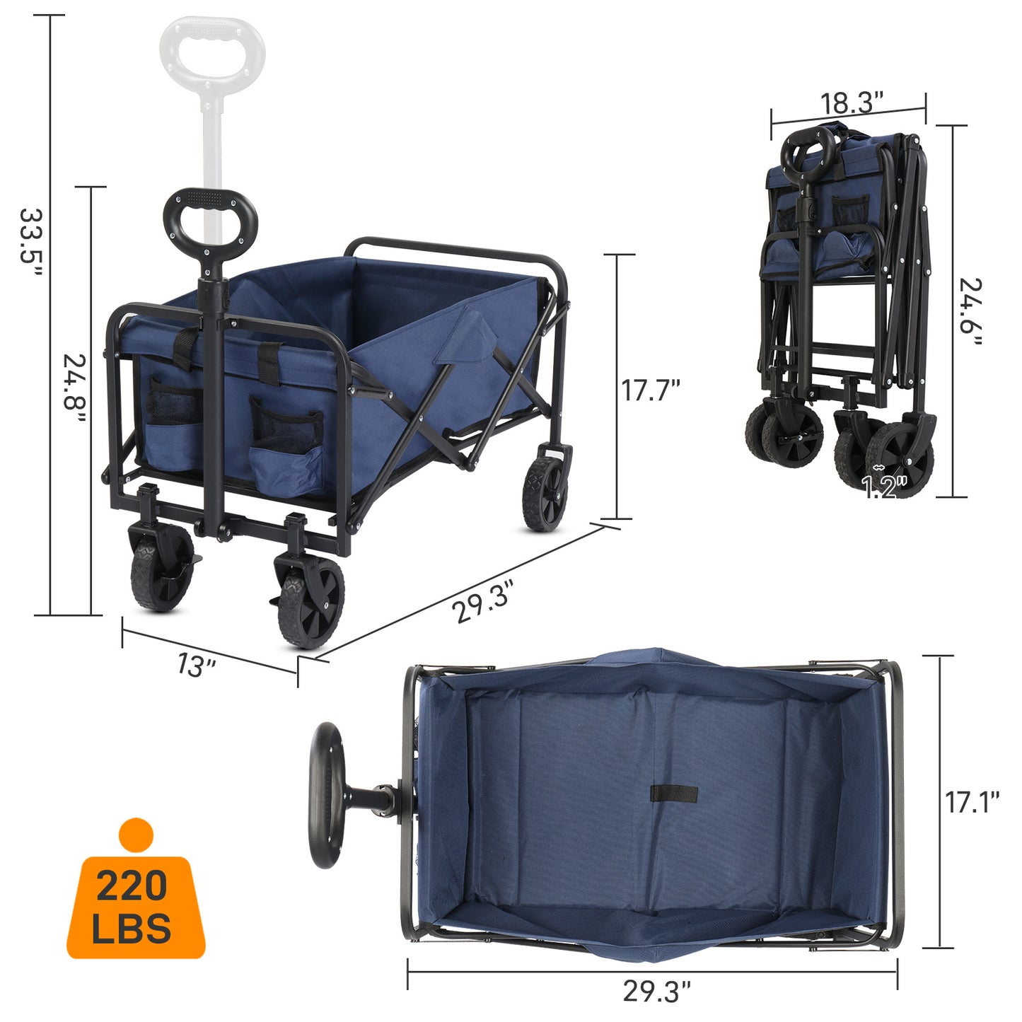 29x18x33in Blue Fabric, Black Frame, 600D Oxford Cloth, Steel Frame, Small Wheels, Flat Fold, Garden Folding Car, 220lbs