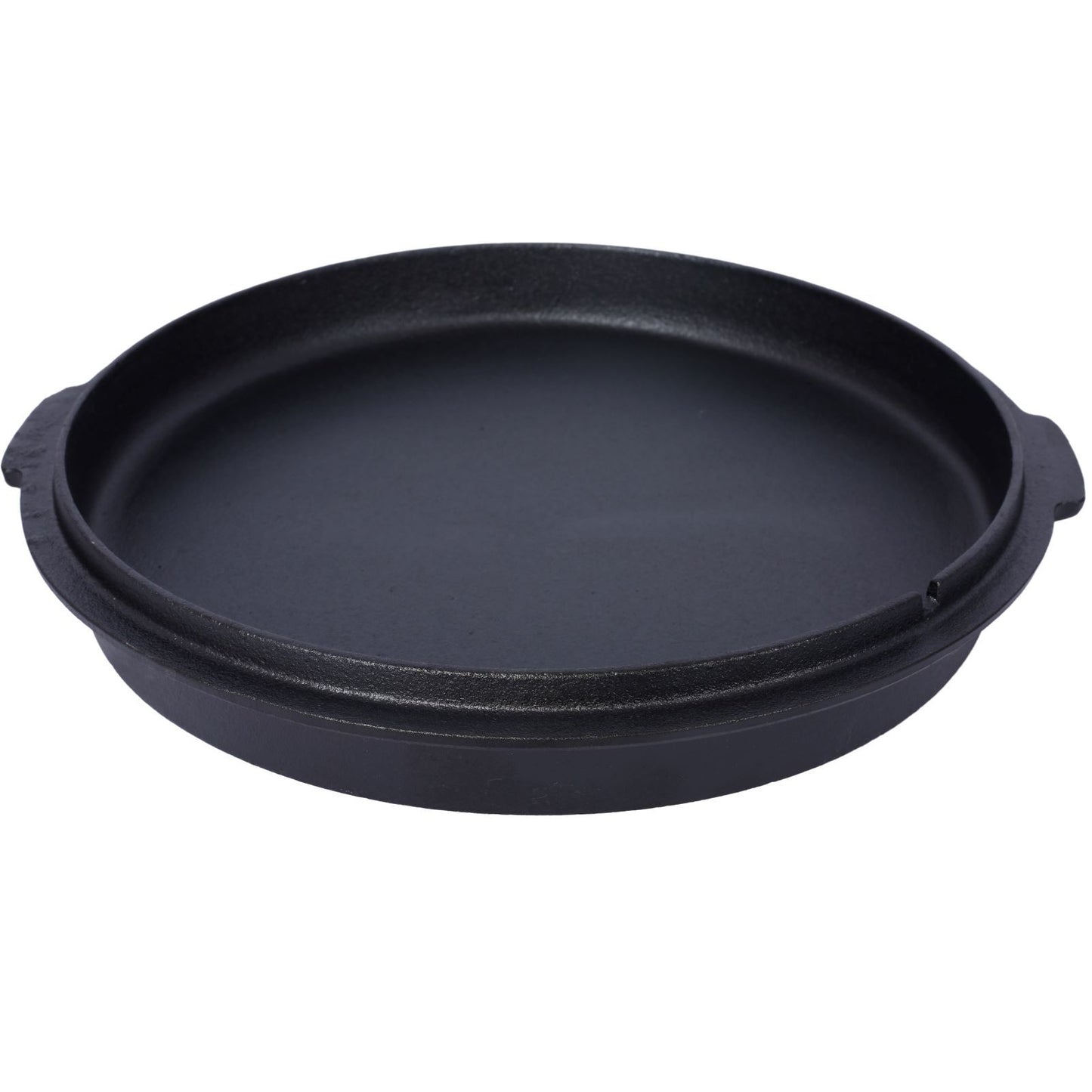 Flat cast iron lid that doubles as a griddle, providing versatility for outdoor cooking, baking, and barbecuing over a campfire.