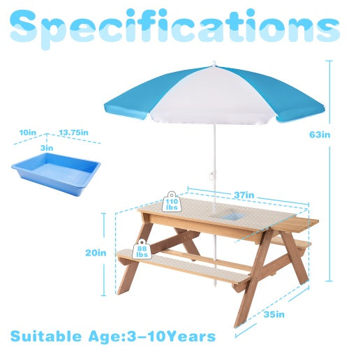 3-in-1 Kids Outdoor Wooden Picnic Table With Umbrella, Convertible Sand And Water Kettle