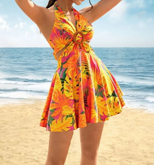 Ladies' Summer Contrasting Tropical Print Hanging Neck With V-neck Hollow Out Pleated Beach Vacation Style Short Dress