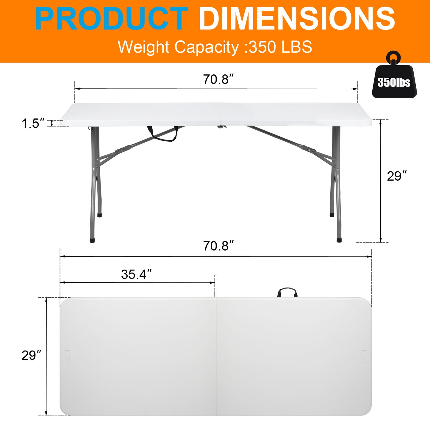 Product dimensions of the folding table, showcasing its 70.8-inch length, 29-inch height, and 350 lbs weight capacity.