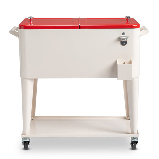 Refrigeration and insulation trolley with a rectangular plastic box, iron leg tube, and a red lid. Features a built-in bottle opener and caster wheels for mobility.