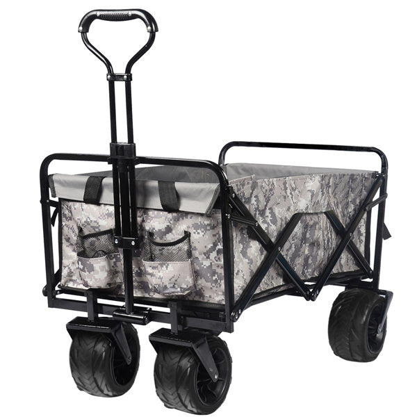 Foldable heavy-duty ATV wagon with camouflage fabric, universal wheels, and adjustable handle for outdoor camping and garden use.