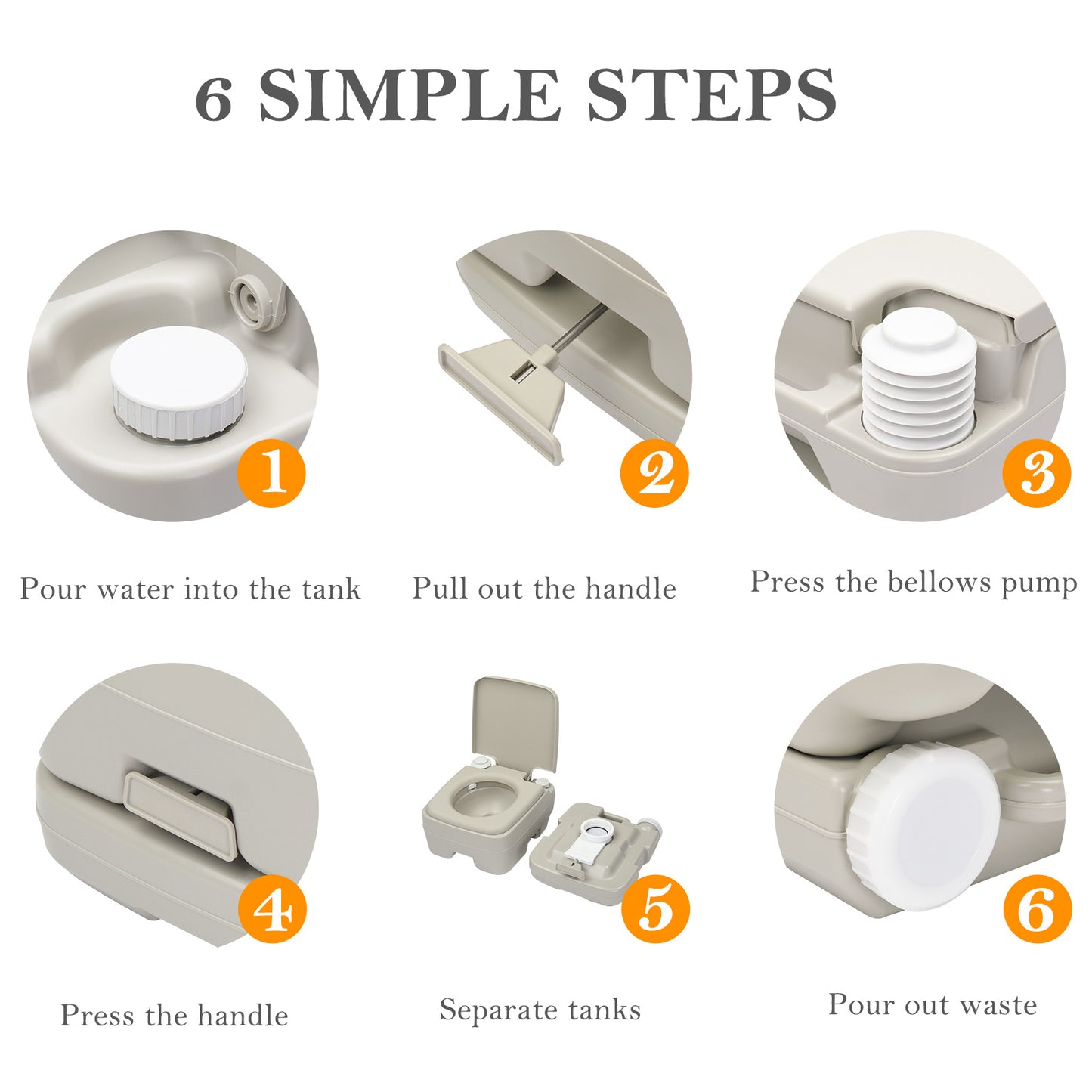 Step-by-step guide for using the outdoor toilet with T-flush, showing six simple steps for setup and waste disposal. User-friendly and efficient design.