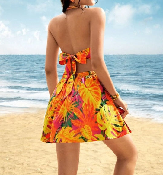 Ladies' Summer Contrasting Tropical Print Hanging Neck With V-neck Hollow Out Pleated Beach Vacation Style Short Dress