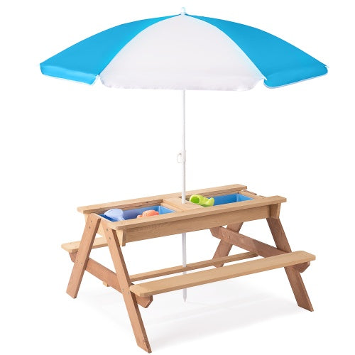 3-in-1 Kids Outdoor Wooden Picnic Table With Umbrella, Convertible Sand And Water Kettle