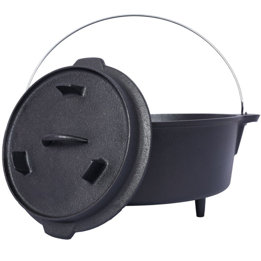 Outdoor camping deep pot with a sturdy leg base and a secure lid, ideal for fireplace cooking, barbecue, and baking over a campfire.