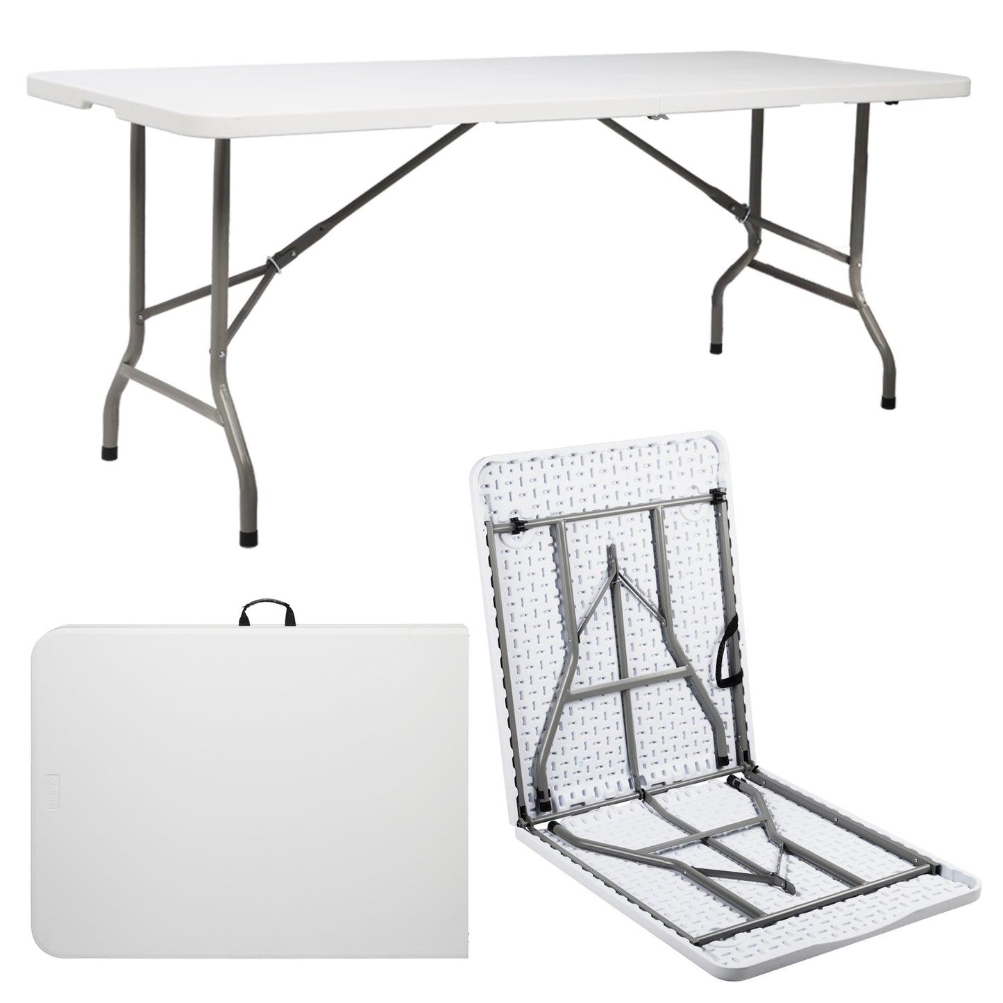 Lightweight plastic folding rectangular table with sturdy metal legs, ideal for outdoor lounging and events.