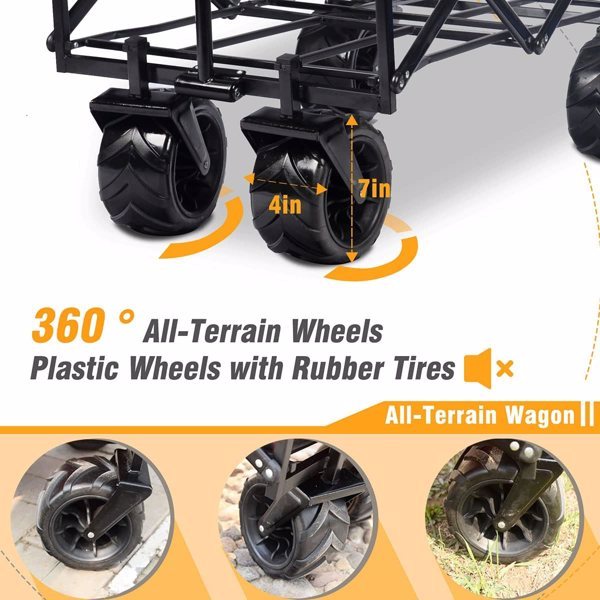 360-degree all-terrain wheels with rubber tires on a foldable ATV wagon, designed for smooth movement on various surfaces.