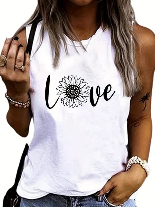 Ladies' Fashionable Sleeveless T-shirt With Personalized Letters, Flowers, Creative Patterns, Printed Casual Round Neck Vest