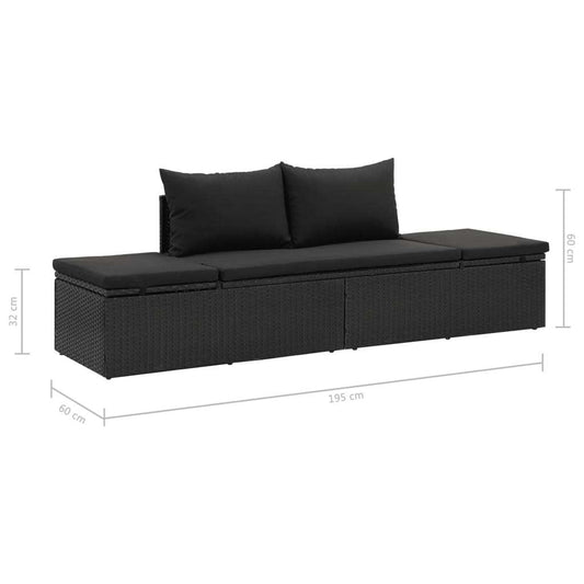 vidaXL sun bed with cushions in black poly rattan, featuring a modern design with a sturdy frame and comfortable padding. Ideal for outdoor lounging.