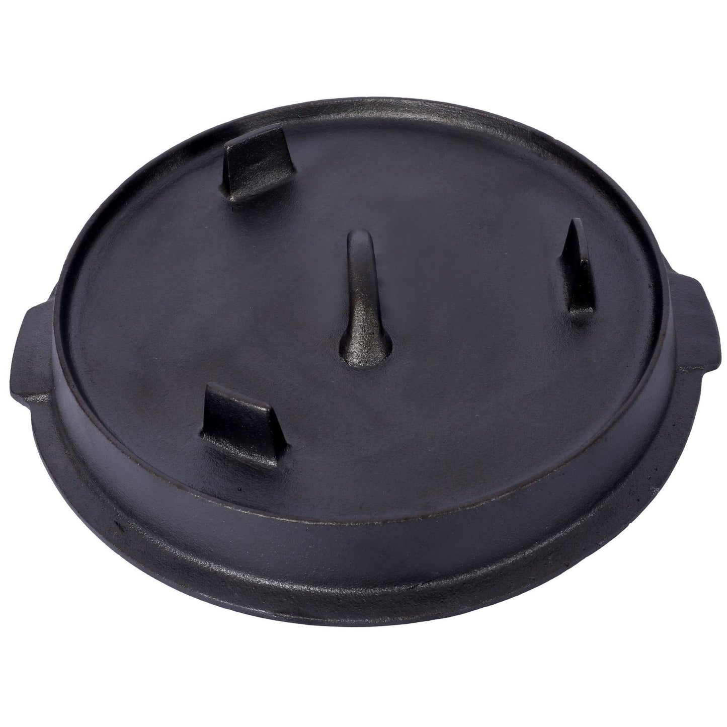 Cast iron lid with raised edges and integrated feet, allowing it to be used as a griddle for versatile outdoor cooking and baking.