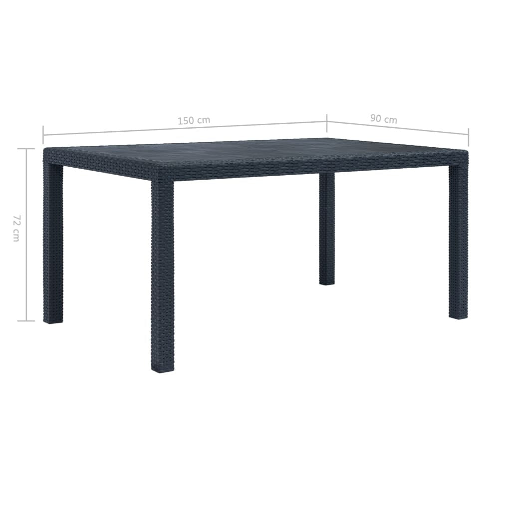 Anthracite vidaXL Garden Table with plastic rattan design, 150x90x72 cm. Weather-resistant and perfect for outdoor dining and gatherings.