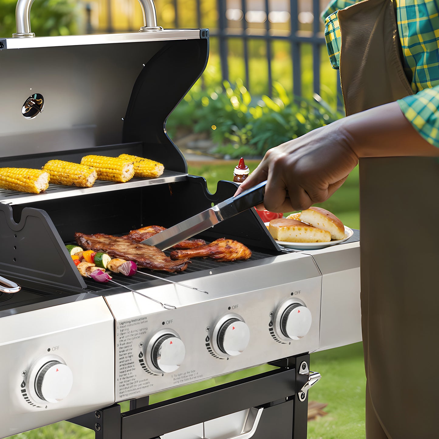 Close-up of a stainless steel gas grill in use, grilling steak, corn, and vegetables. Features multiple burners and a side stove for versatile cooking.