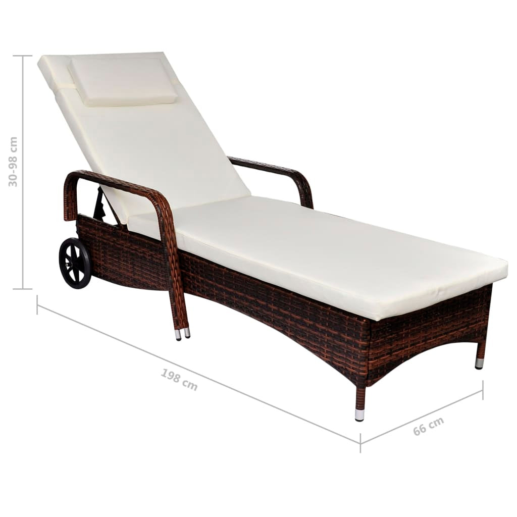 vidaXL Sun Lounger with Cushion & Wheels Poly Rattan Brown