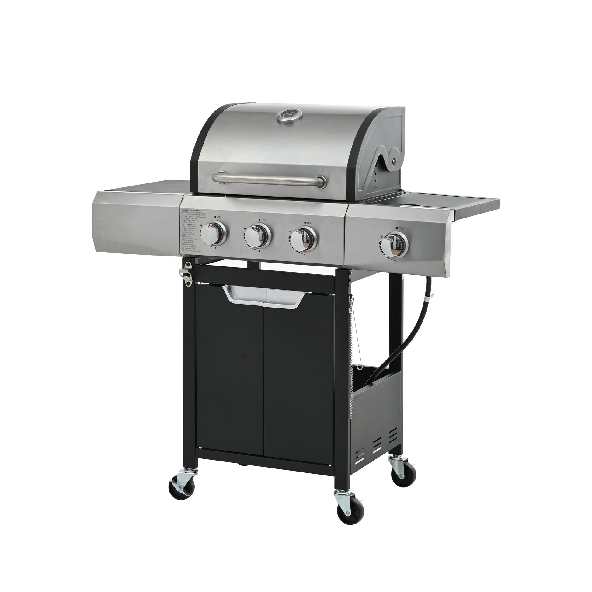 Sleek stainless steel gas grill with a closed lid, featuring four control knobs, side shelves, and a sturdy wheeled base for easy mobility.