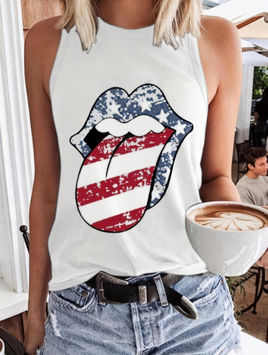 Ladies' lip print fashionable off-shoulder casual vest featuring an American flag design. Sleeveless white top styled with denim shorts for a trendy look.