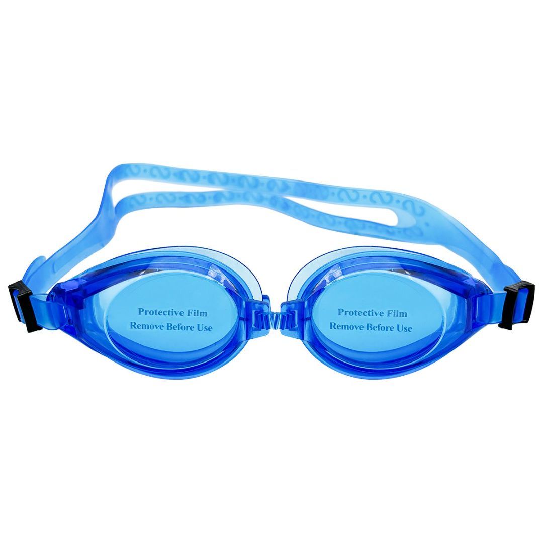 Blue swimming goggles with anti-fog lenses and adjustable silicone straps. Ideal for professional and recreational swimmers.