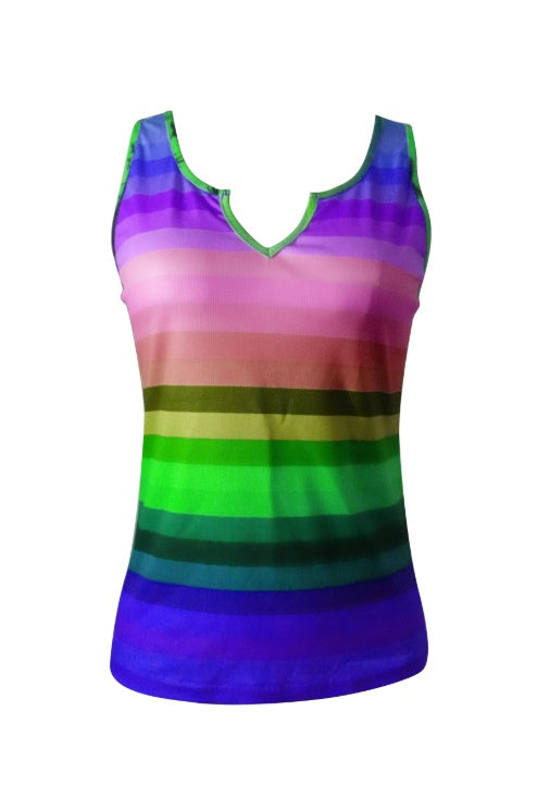 Ladies' V-neck Rainbow Stripe Fashion Tank Top