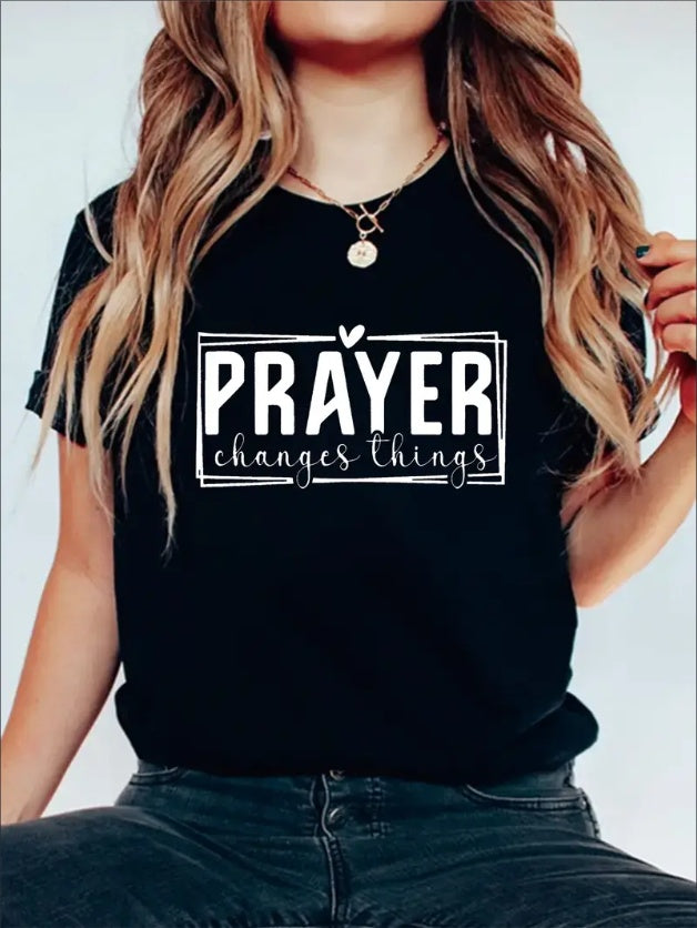 Prayer Graphic Print Solid T-Shirt, Crew Neck Short Sleeve Casual Top For Summer & Spring, Women's Clothing