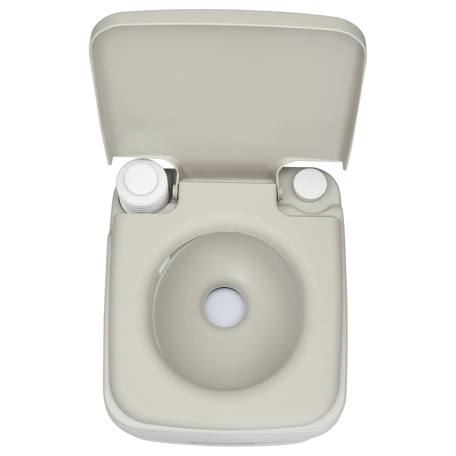 Top-down view of the outdoor toilet with T-flush, showcasing its compact design and dual water tank system. Ideal for camping and RV use.