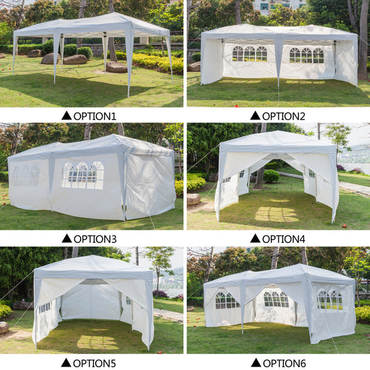 3x6M white gazebo with six sides, ideal for outdoor events, parking, and advertising. Features foldable design for easy setup in gardens or patios.