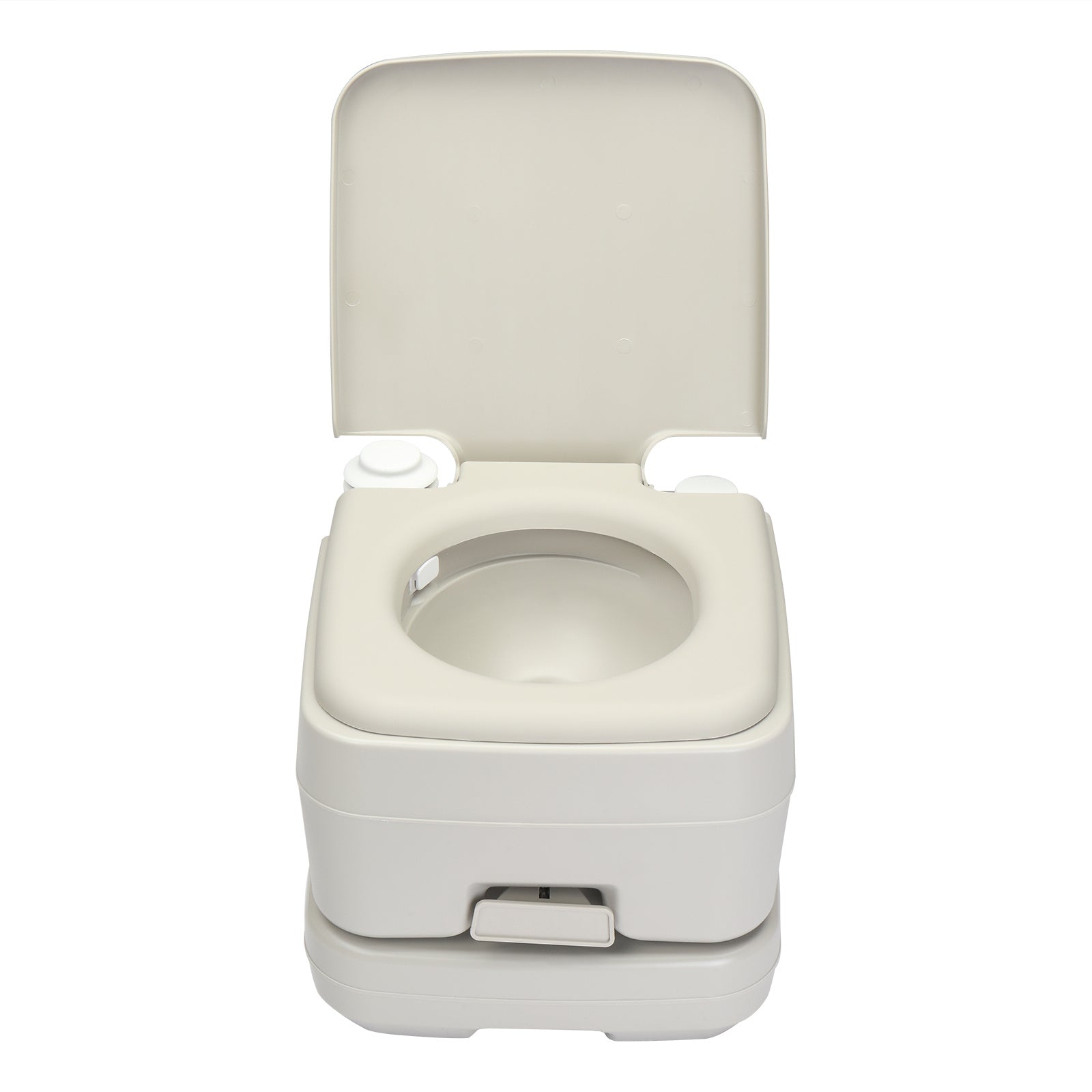 Front view of the outdoor toilet with T-flush, featuring a sturdy lid and ergonomic seat. Designed for convenience in outdoor and travel settings.