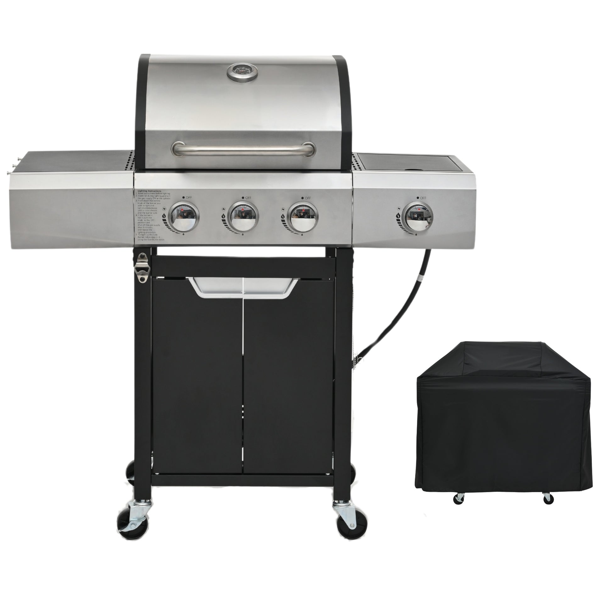 Stainless steel gas grill with a protective black cover, featuring a side stove, multiple burners, and a durable wheeled base for outdoor cooking.