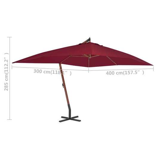 vidaXL Cantilever Garden Parasol with Wooden Pole 400x300 cm Bordeaux Red