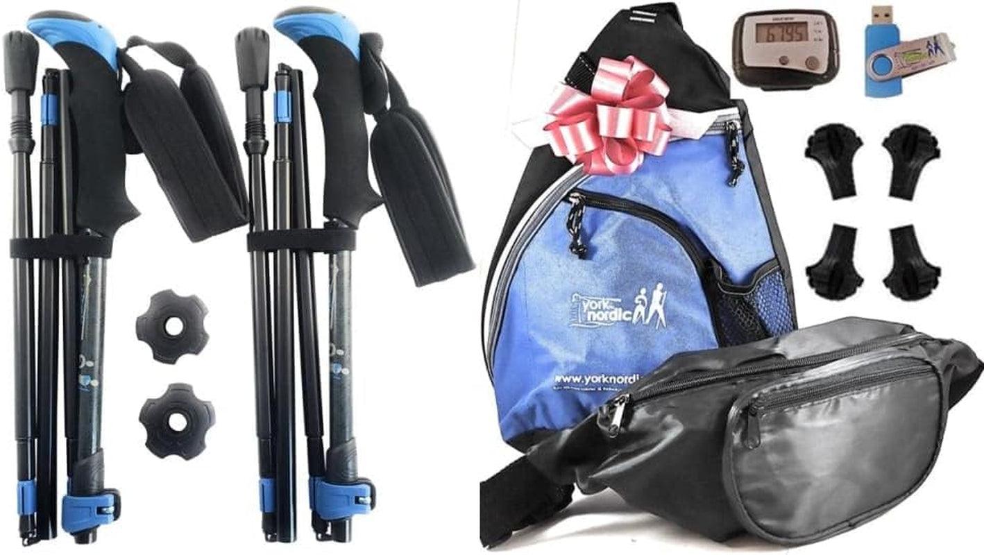 5 Piece Travel Walking Pole Gift Set - Folding Travel Poles, Training Videos, Water Bottle, Pedometer, Travel Bag, and Accessories