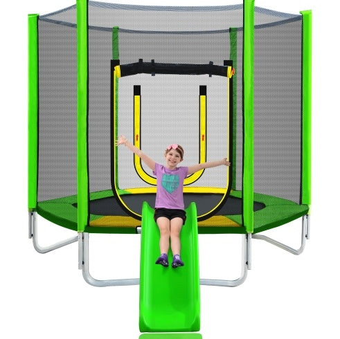 7FT Trampoline For Kids With Safety Enclosure Net, Slide And Ladder, Easy Assembly Round Outdoor Recreational Trampoline