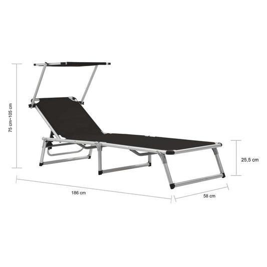 vidaXL Folding Sun Lounger with Roof in black, featuring an aluminium frame and Textilene fabric. Adjustable backrest and sunshade for outdoor comfort.