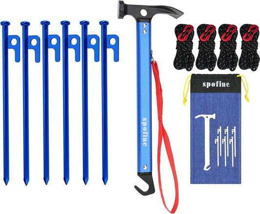 Tent Stakes, 6Pcs Heavy Duty Tent Stakes Metal with Tent Hammer 13Ft Reflective Ropes