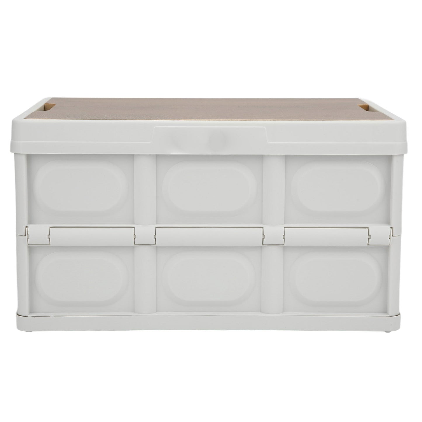 Durable 30L white folding storage box with a wooden panel top, perfect for outdoor organization and household storage solutions.