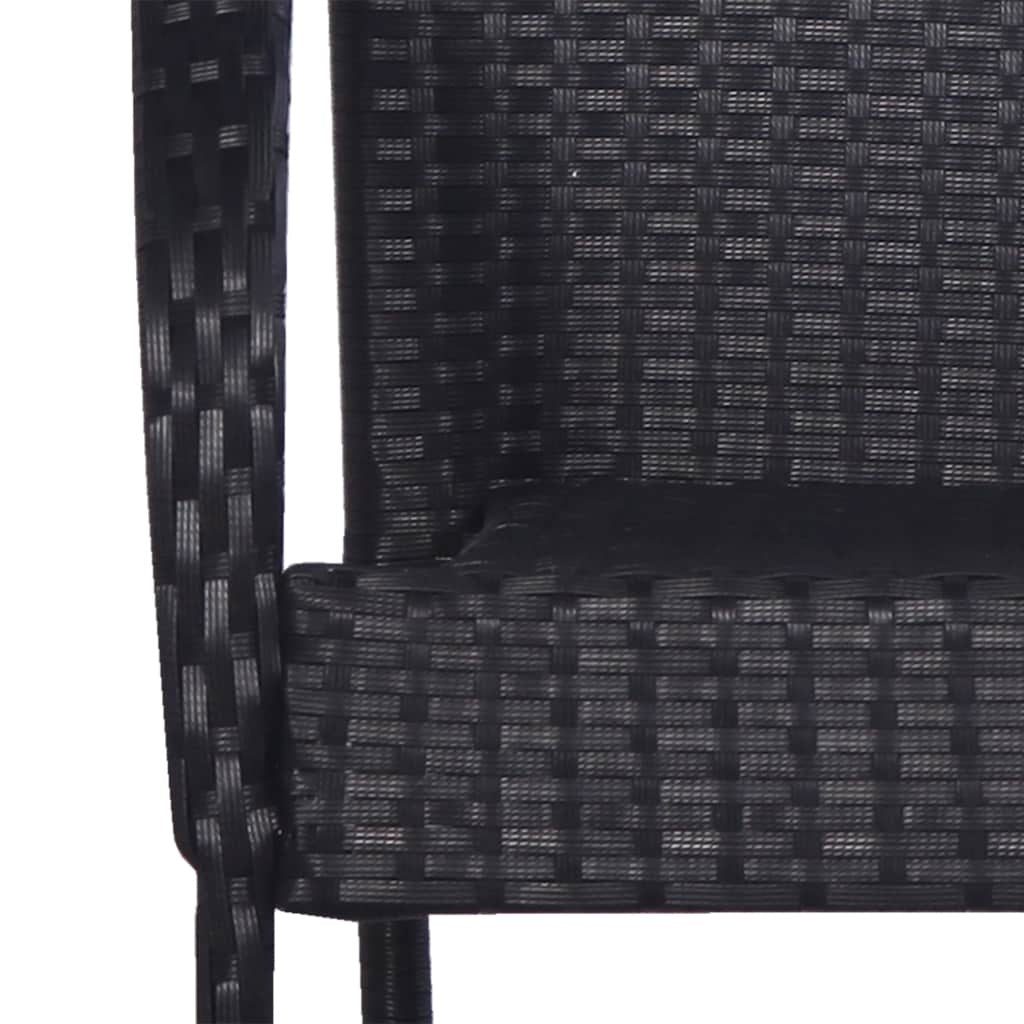 Close-up of vidaXL stackable outdoor chair in black poly rattan, showcasing woven texture and sturdy frame. Ideal for patio or garden seating.