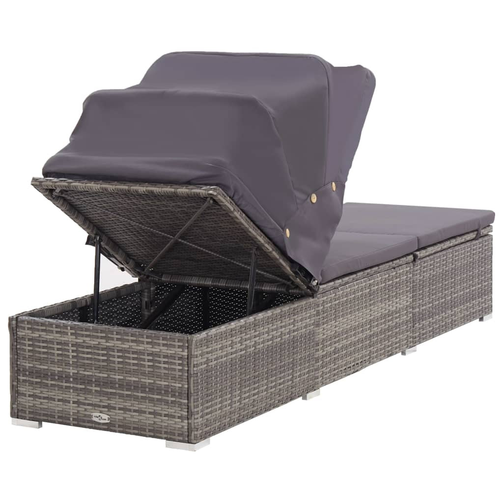 Gray poly rattan vidaXL sun lounger with adjustable canopy and cushion, designed with a spacious storage compartment for outdoor comfort and functionality.