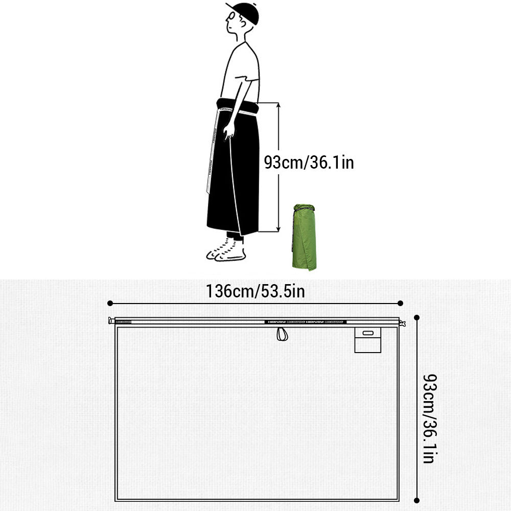 Diagram showing dimensions of a rain skirt for hiking and backpacking, measuring 93cm in height and 136cm in width, with a compact storage option.