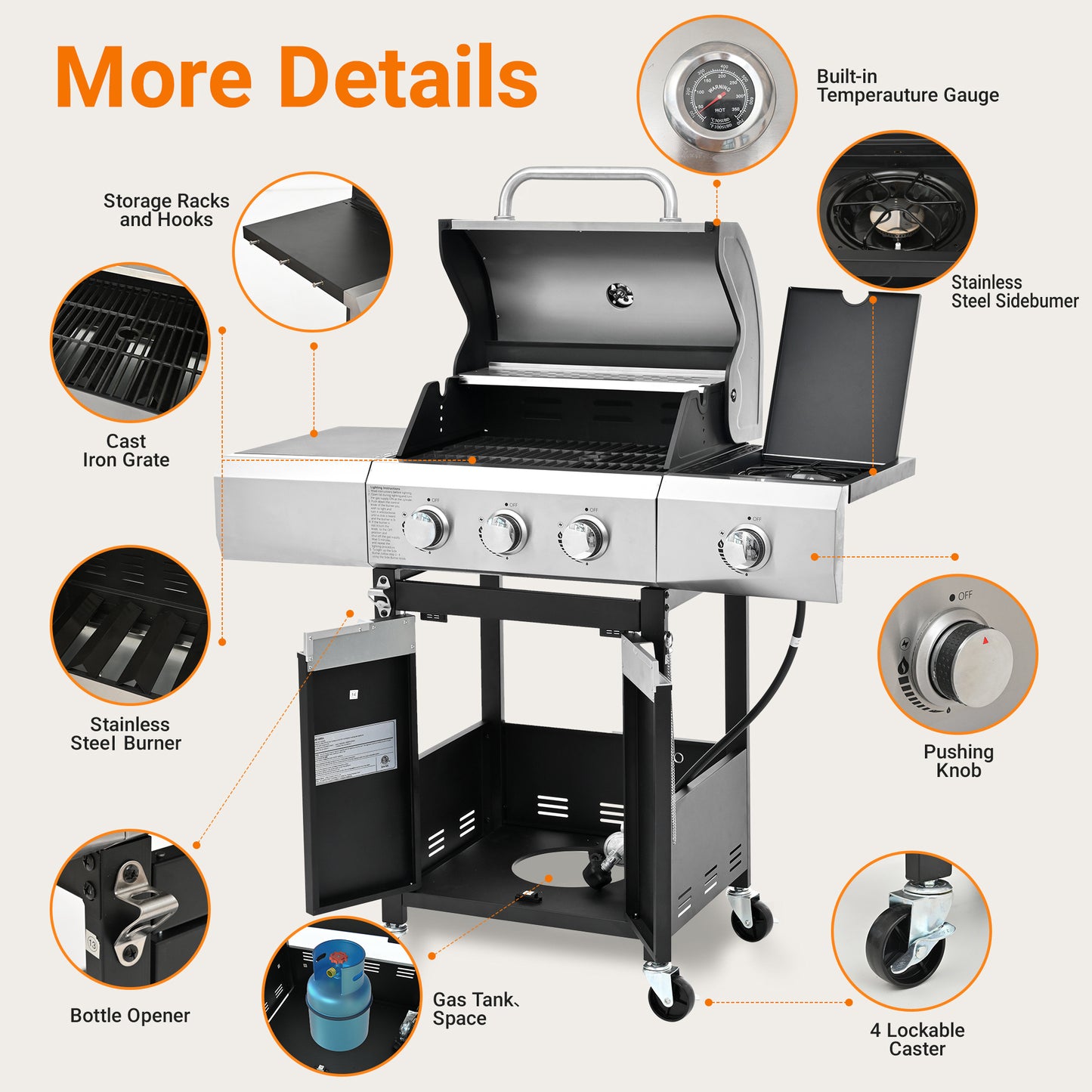 Detailed features of a stainless steel gas grill, including storage racks, cast iron grates, side burner, bottle opener, and lockable caster wheels.