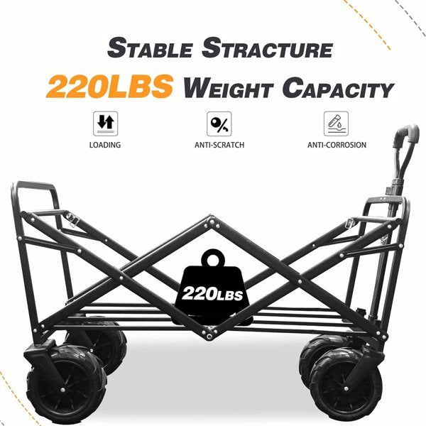 Sturdy foldable ATV wagon with a 220 lbs weight capacity, anti-scratch, and anti-corrosion design for outdoor and garden use.