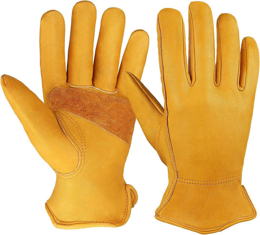 Flex Grip Leather Work Gloves Stretchable Wrist Tough Cowhide Working Glove 1 Pair (Gold, X-Large)