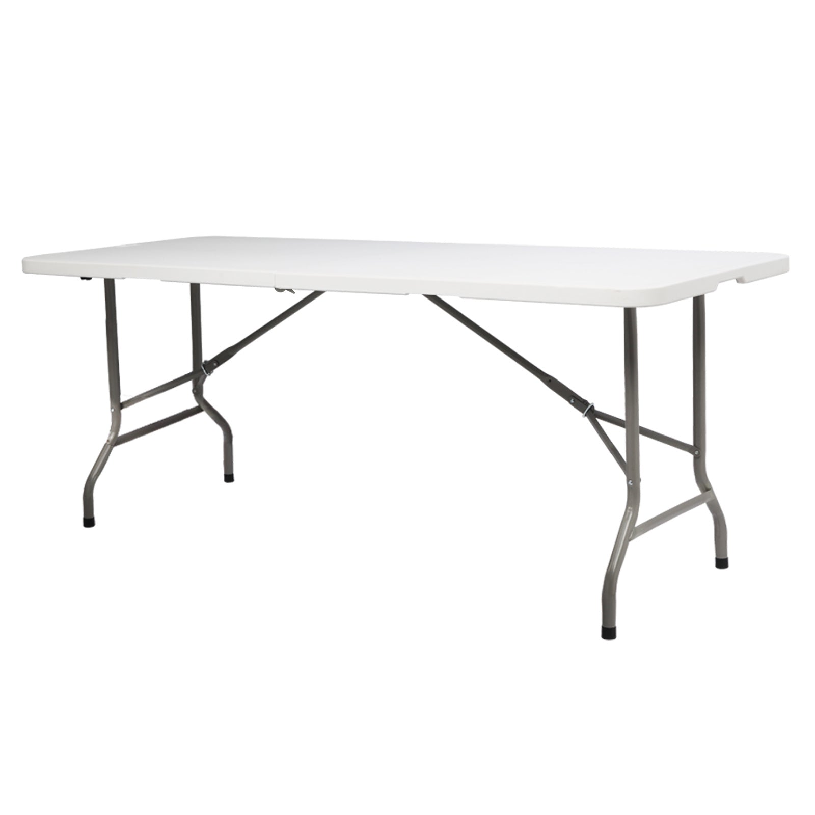 Lightweight plastic folding rectangular table with durable metal legs, suitable for both indoor and outdoor use.