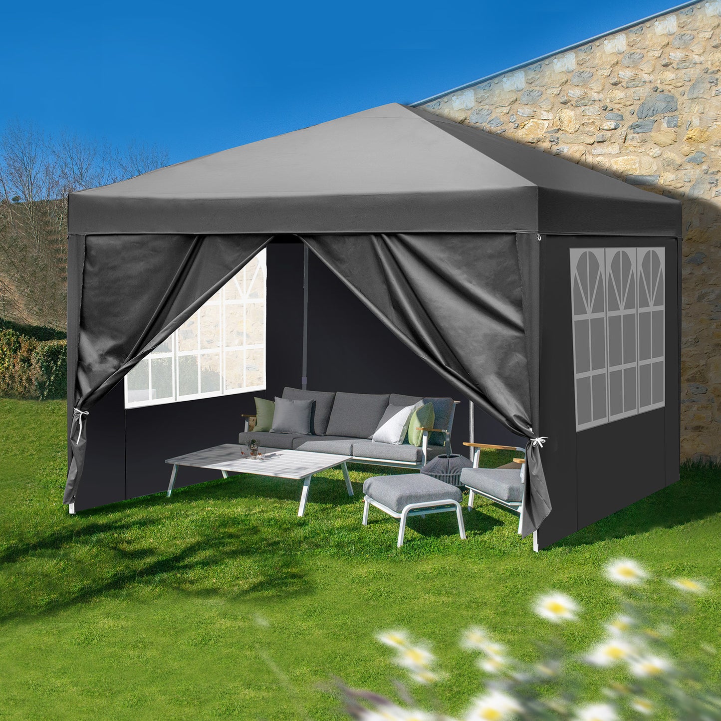 10x10ft Dark Grey 4 Sides-2 Doors, 2 Windows, Folding Shed, Oxford Cloth, Sprayed Iron Pipe, Portable