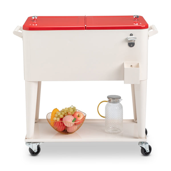 Refrigeration and insulation trolley with a red-lidded plastic box, iron legs, and a lower storage shelf holding fruits and a glass pitcher. Equipped with caster wheels for easy movement.