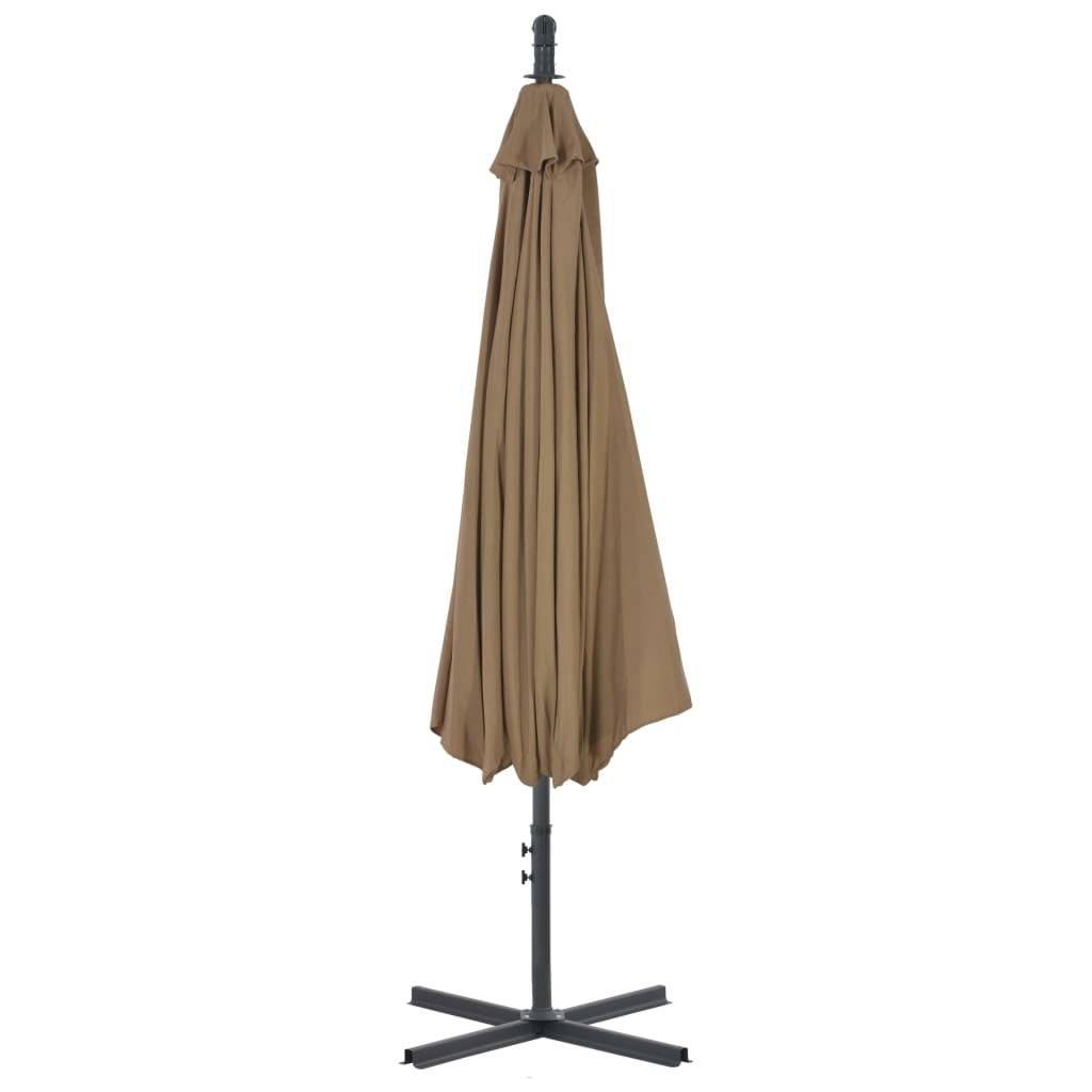 Closed vidaXL Cantilever Garden Parasol with Steel Pole 118.1-inch in taupe. Stylish and space-saving patio umbrella for outdoor relaxation.