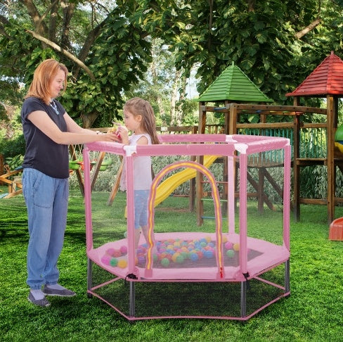 55'' Toddlers Trampoline With Safety Enclosure Net And Balls, Indoor Outdoor Mini Trampoline For Kids