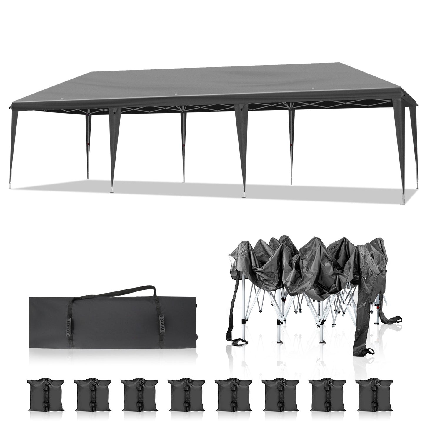 10x30ft Dark Grey, No Fence, Folding Shed Oxford Cloth White Spray Plastic Frame With 8 Sandbags With Tug Bag