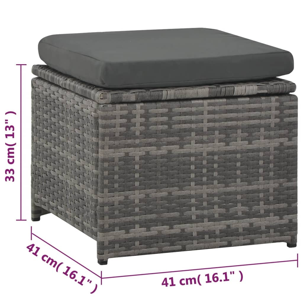 vidaXL gray poly rattan patio ottoman with cushion, measuring 41 cm (16.1 inches) in width and depth, and 33 cm (13 inches) in height.